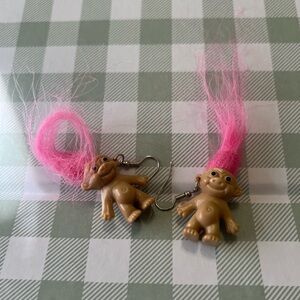 Quirky Troll Doll Earrings with Pink Hair